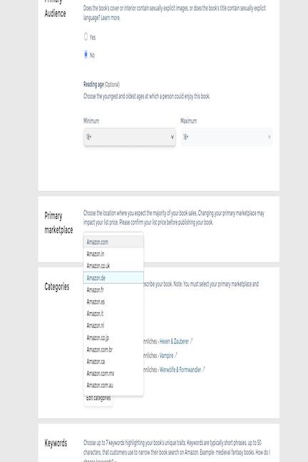 Screen capture of Amazon KDP Dashboard, dropdown for primary marketplace 